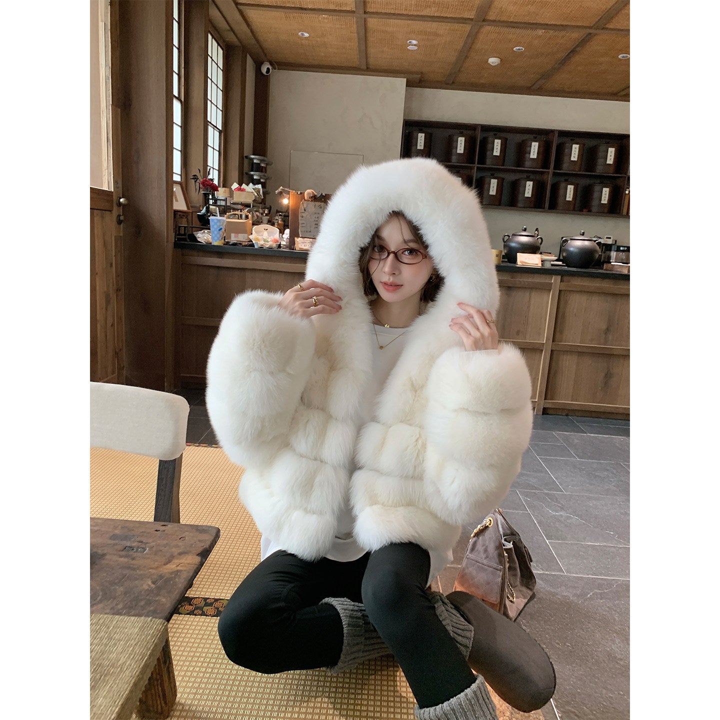 Women's Hooded Fox Fur Short Coat