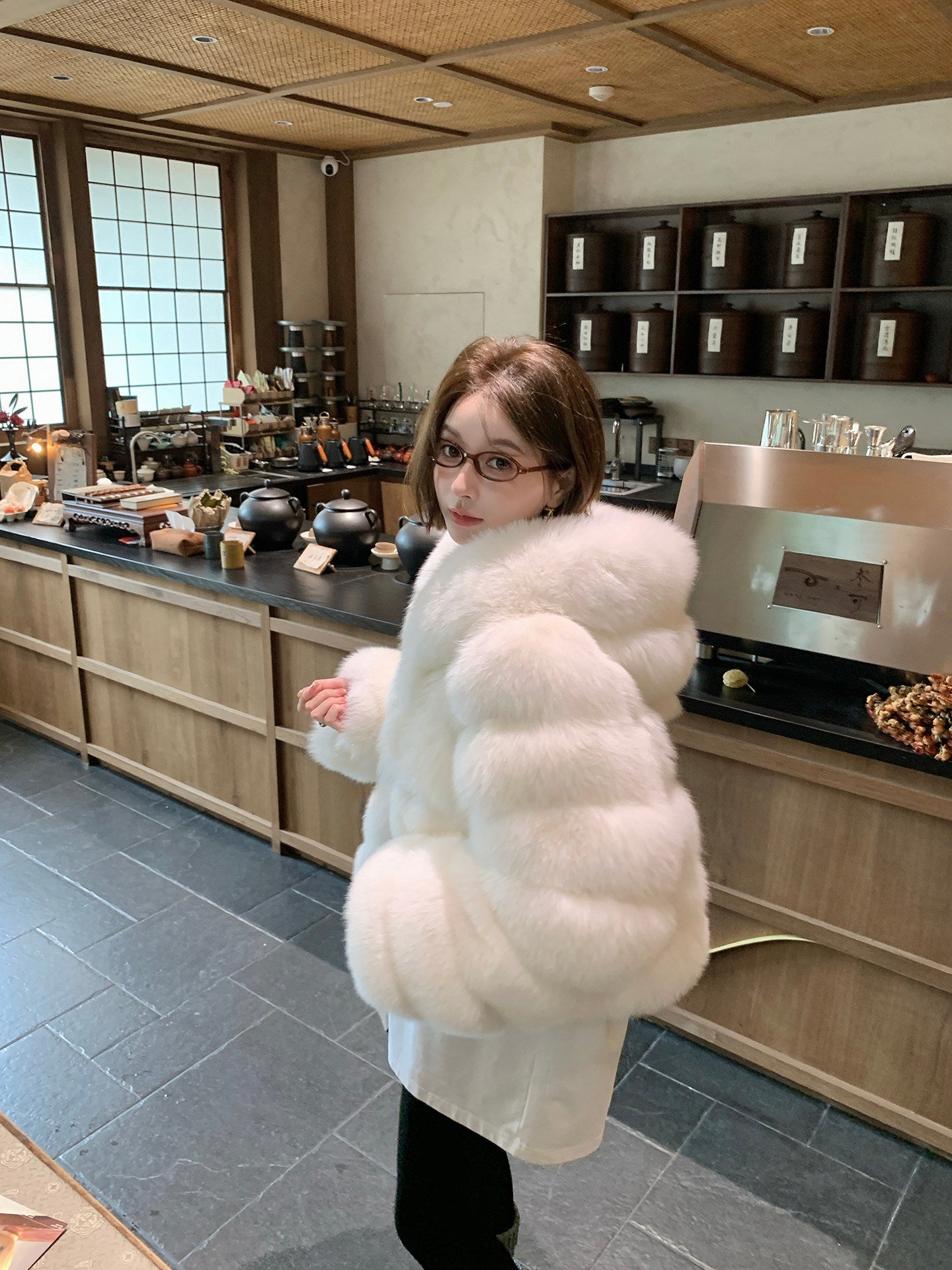 Women's Hooded Fox Fur Short Coat