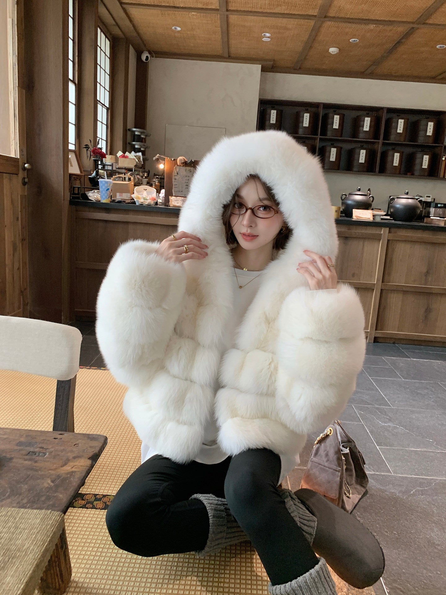 Women's Hooded Fox Fur Short Coat